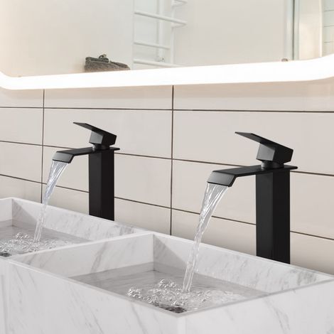 2x Robinet Salle de Bain Noir Cascade Bec Haut Mitigeur de Lavabo Robinetterie en Acier Inox pour lavabo et vasque Design Moderne (1/5)