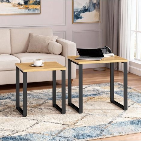 2er-Set Couchtische 60x50x60 und 50x50x54 cm Natur – platzsparend Holz Metall MEUBLIV (1/5)
