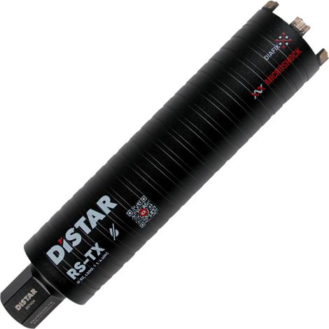 Corona de perforación diamante, Distar, modelo RS-TX 1 1/4" 82 mm x 300 mm – corte seco rápido y preciso para perforaciones en materiales duros como cerámica, granito y concreto.