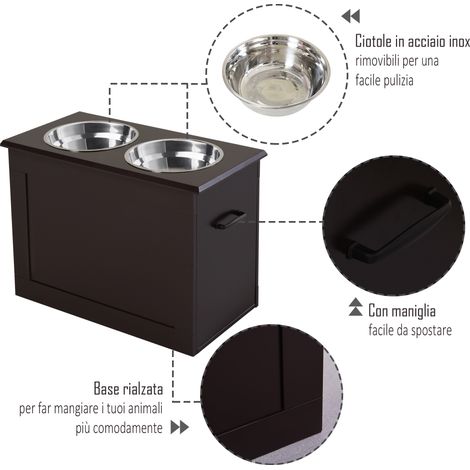 Set de 2 gamelles surélevées pour grands chiens, support en panneau MDF marron, coupelles en inox, dimensions 60x30x41 cm. (1/5)