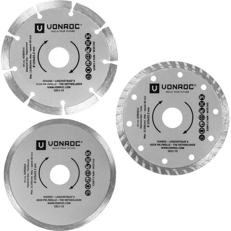 Vonroc – Disque diamant 125mm pour meuleuse – Lot de 3 disques segmenté, continu, turbo – Pour pierre, béton, céramique – Trou de 22,2mm