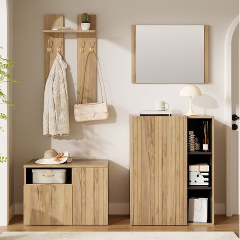 MODFU – Set ingresso 120x35x123 cm in MDF/truciolato con specchio, panca, scarpiera, ganci, ripiani regolabili e anti-ribaltamento – Nero/naturale (1/5)