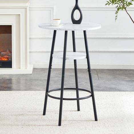 Table de bar moderne avec rangement, piètement métal noir et plateau effet marbre blanc, diamètre 60 cm, hauteur 89 cm, table haute contemporaine pour cuisine, salle à manger et café. (1/4)
