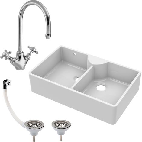 Fireclay 895mm Double Bowl Butler Kitchen Sink - Stepped Weir, Mixer Tap & Wastes (1/5)