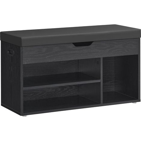 Banc à Chaussures Rembourré, Banc de Rangement, 3 Compartiments, Rangement Caché, Étagères, pour Salon, Entrée, Chambre, Capacité de Charge 150 kg, Noir Boisé