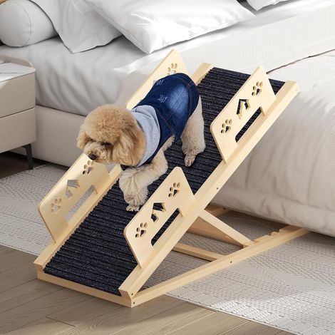 Rampe pour chien - 100 cm de long - Avec rampe de sécurité - Réglable en hauteur - Portable - En bois - Avec rampe antidérapante - Pour lit, canapé, voiture, voyage, petits, grands et vieux chiens (1/5)