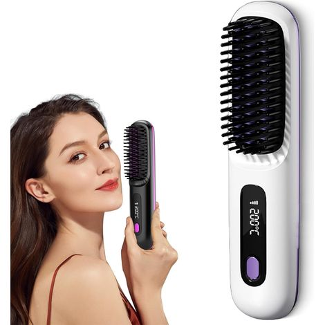 Peigne lissant portable, sans fil, portable avec pince à cheveux duveteuse à double usage (blanc) (1/4)