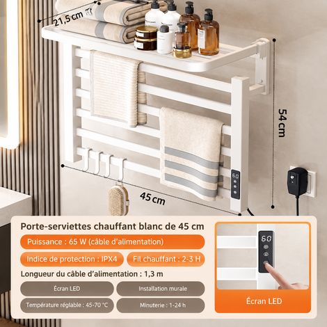 Sèche-Serviettes Électrique 45 cm blanc clair de lune affichage numérique 6 barres câble à droite Aluminium Spatial 1 kg – Livraison gratuite (1/5)