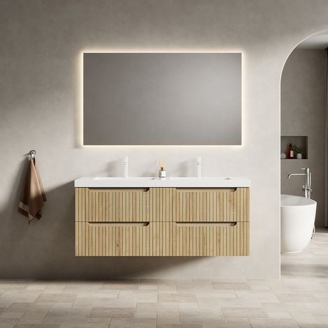 Meuble vasque suspendu moderne 120 cm avec double vasque intégrée en résine, 4 tiroirs soft-close, chêne blanc (1/5)