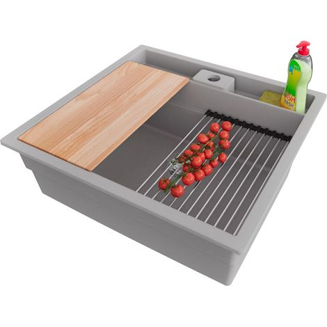 PRIMAGRAN Evier Cuisine en Granit 56x54cm,Lavabo 1 bac + Kit de Vidage + Accessoires, Évier à Encastrer au meuble 60cm - Bergen Pocket, Gris (1/5)