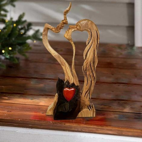 Statue romantique représentant un couple s'embrassant, figurine en bois sculptée, ornement abstrait moderne, décoration pour la maison ou le bureau. (1/4)