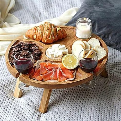 Table Pique-Nique Pliable En Bois - Support Verre À Vin Intégré - Plateau Compartimenté Pour Fromage Et Fruits - Extérieur - 1 Pièce (1/3)