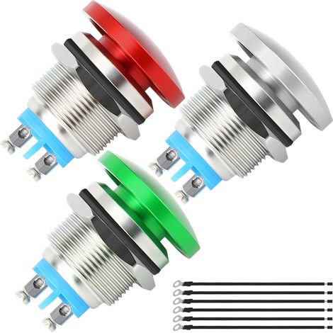 Lot de 3 boutons poussoirs momentanés à tête champignon de 19 mm IP65 étanche DC 12 V 3 A AC 110 V 5 A SPST avec vis bombées et fils de borne pour voiture, bateau, camion, 3 couleurs (1/5)