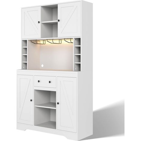 Credenza cucina alta bianca con porta calici, LED, prese, cassetto e ripiani regolabili (1/5)