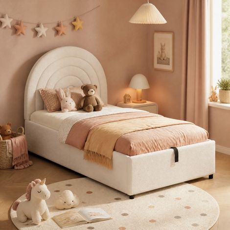 MEUBLIV Cama 90x200 cm beige – almacenamiento hidráulico, cabezal acolchado, sin colchón (1/5)