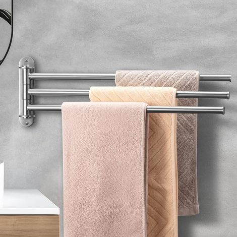 Porte-Serviettes Murale avec 3 Barres 180°Rotatives Sèche-Serviettes Salle de Bain en Acier Inoxydable SUS304 40CM Argent (1/5)