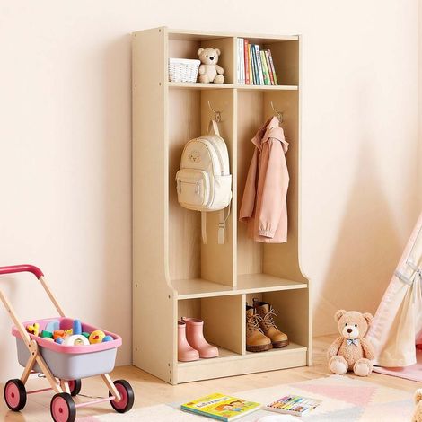 Vestiaire 2 Sections en Bois Penderie Enfant Ouverte pour Manteaux et Chaussures avec 4 Patères et Casiers Sécurisé (1/5)