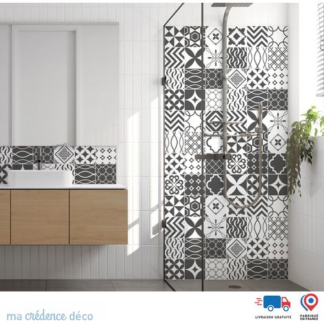 Panneau de douche : Carreaux ciment gris foncé et blanc - Alu composite - 100 - 245 (1/3)