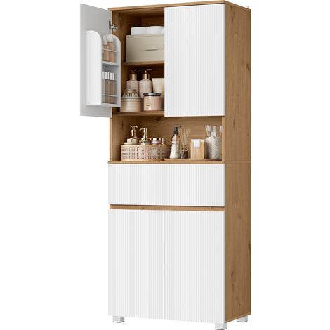 Meuble colonne salle de bain 2 placards 1 tiroir blanc chêne 35x30x176,5 cm (1/5)