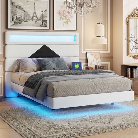 Lit capitonné 140x190 cm avec éclairage LED et station de charge, lit flottant moderne, cadre de lit rembourré avec tête de lit réglable, lit enfant en velours, blanc (1/5)