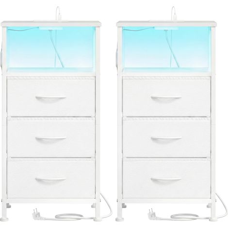 Table de Chevet avec Éclairage LED et Multiprise, Lot de 2, 3 Tiroirs et 1 Compartiment Ouvert, Blanc