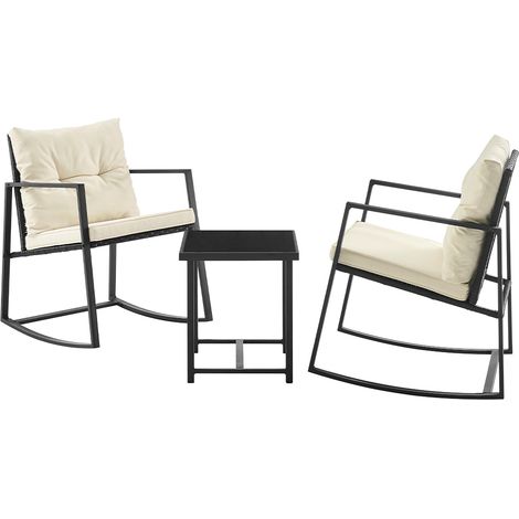 Set Tavolo e Poltrone Dondolo da Esterno Mobili Giardino Polyrattan Beige e Nero