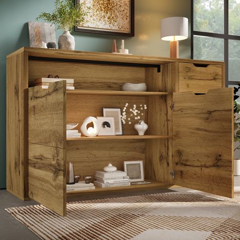 Credenza con 2 Ante, 4 Cassetti e 1 Vano Aperto, Ripiani Regolabili, per Soggiorno 150 x 40 x 90 cm (1/5)