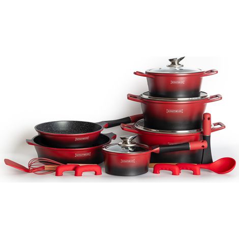 Batterie de cuisson complète effet marbre - 17 pièces - Tous feux - Rouge et noir - Livraison gratuite