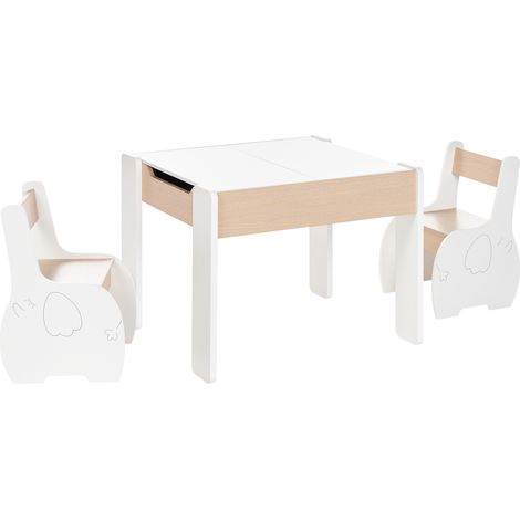 Conjunto infantil 2 plazas elegante mesa con sillas MDF madera de pino habitación infantil blanco y madera clara Loyd