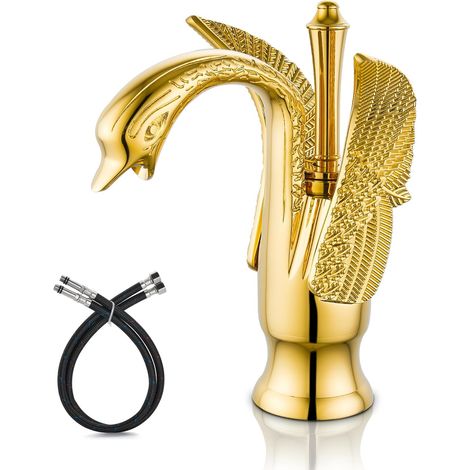 Chrome polished swan-shaped bathroom sink faucet, single handle, one hole, basin mixer tap, deck mount, gold (1/5)