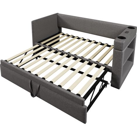 Cama de día tapizada 90x190 cm con cama nido, reposabrazos y puerto de carga, gris (1/5)