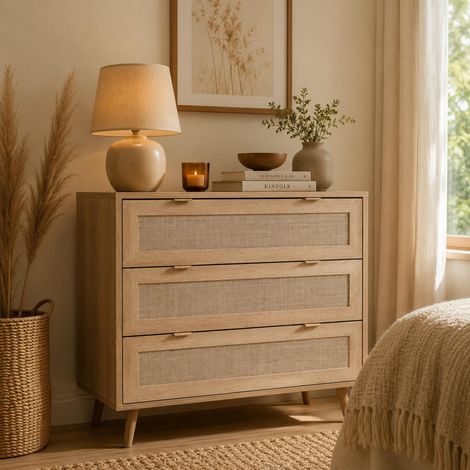 Commode bohème 3 tiroirs effet rotin SONA