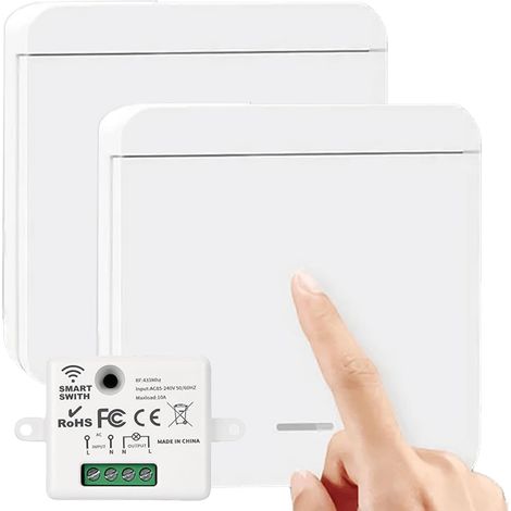 2 Pièces Interrupteur Sans Fil: Kit avec Récepteur 10A 230V 433MHz, Portée 30m, Pour Lampe 1500W, Interrupteur Mural Va et Vient, Salle de Bain/Chambre, Maison Intelligente (1/5)