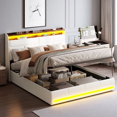 Letto 140x190 cm, TT01, LED regolabile, idraulico, contemporaneo, letto per adulti, struttura letto matrimoniale 140x190 cm, tessuto PU, Bianco