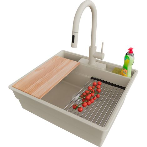 PRIMAGRAN Evier Cuisine en Granit 58x53cm,Lavabo 1 bac + Robinet 40x20cm + Kit de Vidage + Accessoires, Évier à Encastrer au meuble 60cm - New York, Beige (1/5)