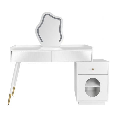 Coiffeuse L 100 / H 75 / P 40 cm avec miroir LED et éclairage - Ensemble de coiffeuse blanc pour chambre à coucher, comprenant trois tiroirs spacieux et une porte (sans tabouret) (1/5)