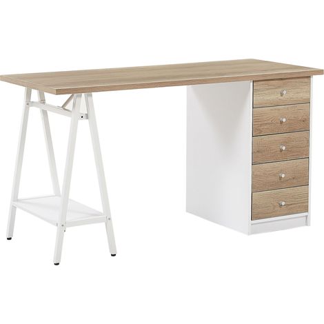 Escritorio para oficina en casa tablero de madera clara 140 x 60 cm con cajones marco blanco Heber
