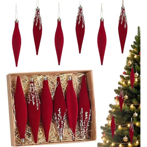 rote Samt-Weihnachtsornamente in Tropfen-Eiszapfenform – beflockte Hängedekoration, 16 cm groß – festliche Weihnachtsbaumdekoration für Zuhause – Fenster und Weihnachten (1/5)