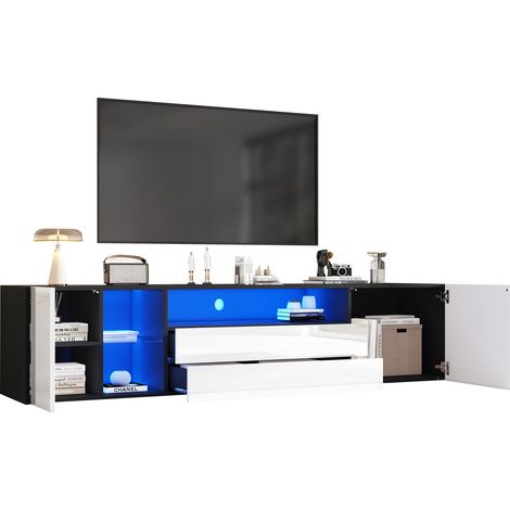 Meuble TV 180x40x45 cm, Lowboard LED haute brillance, support TV avec 2 tiroirs et 2 armoires, convient pour téléviseur 75 pouces, meuble télé noir et blanc (1/5)