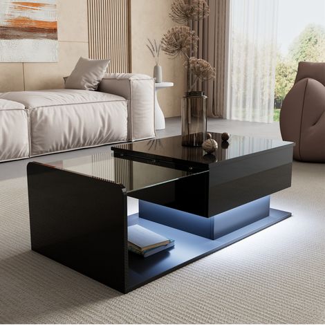 Wohnzimmertisch Tisch aufbewahrung höhenverstellbar Schwarz OKMYHOME (1/5)