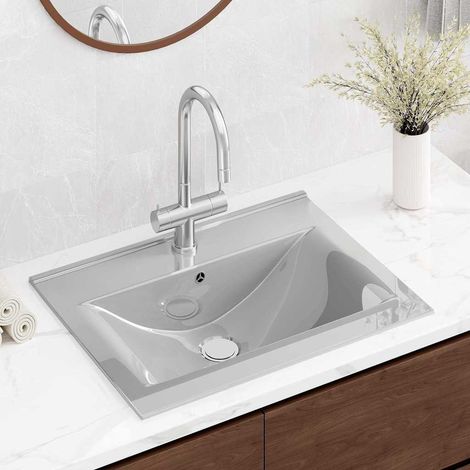 Vasque à poser Lavabo à poser avec trop-plein pour salle de bain - 60x46x16 cm Céramique Argenté BV235415 - BonneVie (1/5)