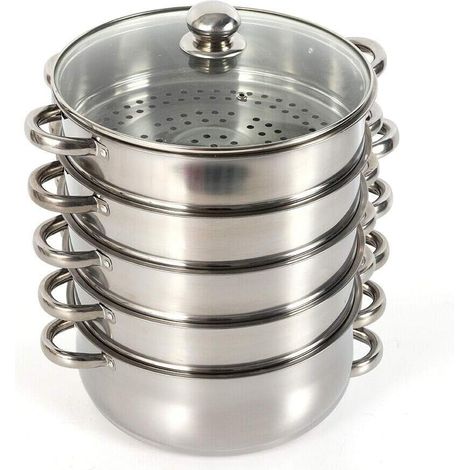 5-Tier Steamer Set, Stainless Steel Cookware with Stainless Steel Lid, Soup Pot, Organic Steamer, Home, Kitchen Stove for Induction Cooker, Silver, 30CM (1/5)