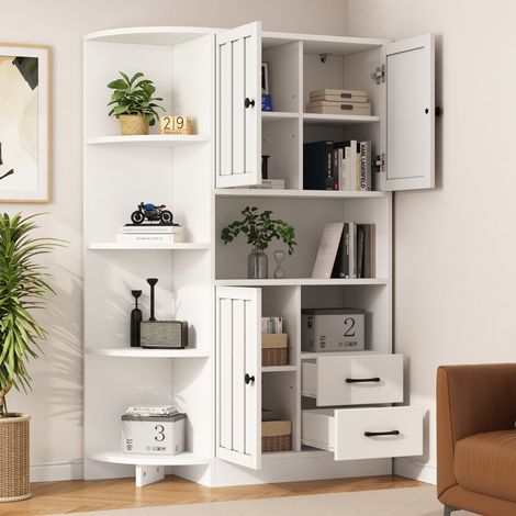 Meuble d'Angle, Vitrine avec 3 Portes et 2 Tiroirs, 6 Niches Ouvertes, Style Moderne, en Panneaux de Particules, 104×35×155 cm, Blanc (1/5)
