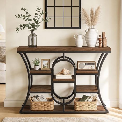 Tribesigns Table console 105 cm, table d'entrée industrielle avec compartiments de rangement, petite table basse étroite pour salon, derrière le canapé, le couloir et le foyer (marron rustique)