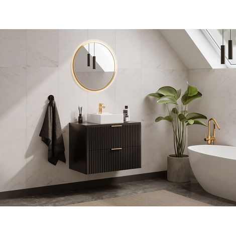 Meuble de salle de bain suspendu strié avec vasque à poser carrée - Noir - 80 cm - ZEVARA (1/4)