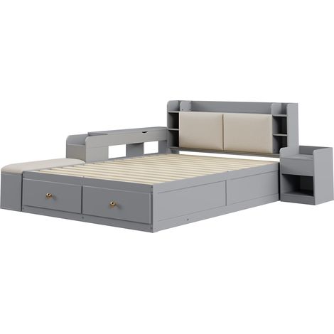 Cama combinada multifunción 140 x 200 cm gris con cabecero tapizado, almacenaje y cajones (1/5)