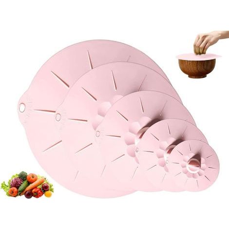 Set of 5 reusable food-grade silicone lids for bowls, pots, plates, cups and cans (pink) (1/5)