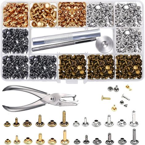 Ledernieten 480 Set 3 Größen Doppelniete Metallrohrnieten mit 3-teiligem Befestigungswerkzeug und Lochzange für DIY-Lederhandwerk Ersatznieten 4 Farben