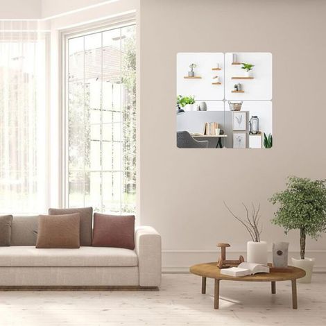 Lot de 4 Miroirs Muraux Autocollants Flexibles, Miroirs Décoratifs pour Salon, Chambre et Salle de Bain, 30 x 30 cm (1/4)