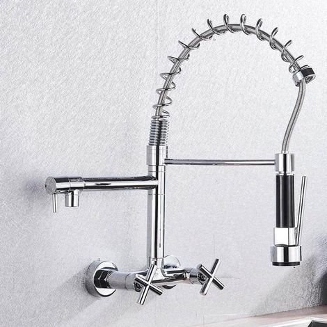 Grifo de cocina de doble manija, agua fría y caliente, grifo de cocina mural con dos caños giratorios, cromado (1/5)